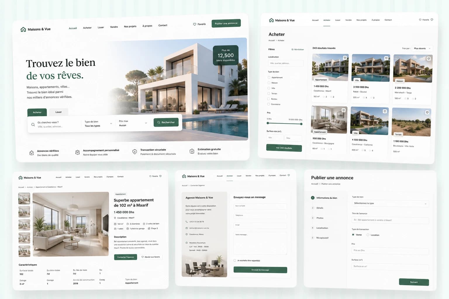 Modern real estate website design with property listings, search filters, property details, contact page, and listing submission dashboard.